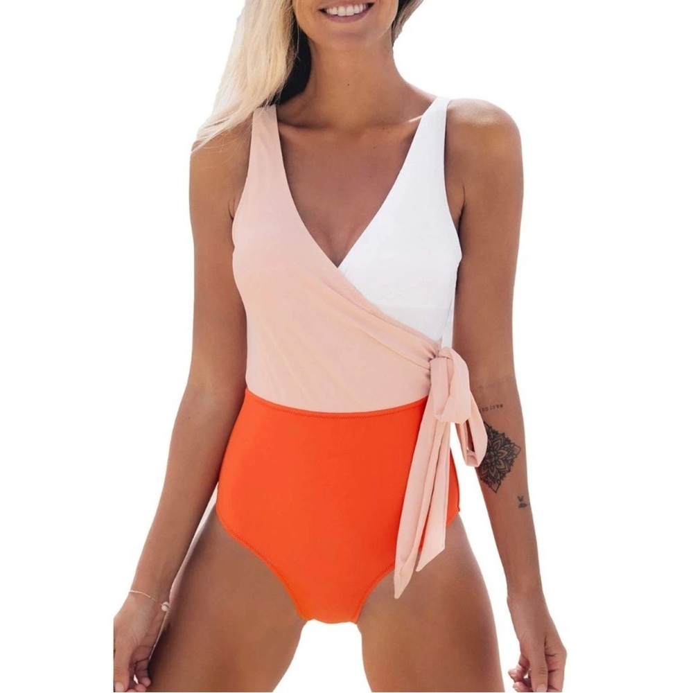 Cupshe women’s Orange White Colorblock V-neck Bowknot One- Piece swimsuit MEDIUM